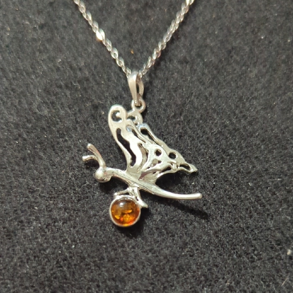 Sterling Silver Butterfly With Baltic Amber Gemstone Pendant Statement Necklace